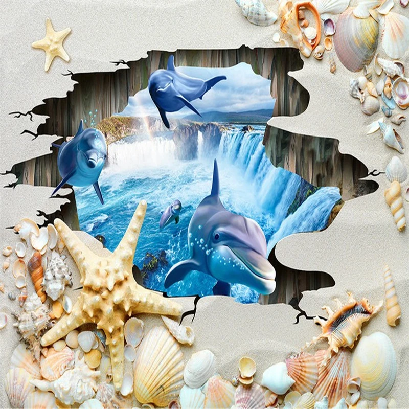 

beibehang Beach shell bathroom murals marine dolphins wallpaper for living room papel de parede 3D flooring home decoration