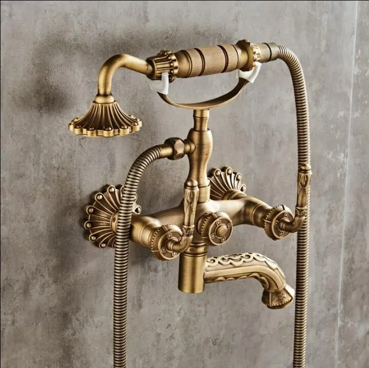 Free shipping Bathroom Faucet Wall Mounted Carving Hand Held Antique Brass Shower Head Kit Shower Faucet Sets Bathtub Faucet Set