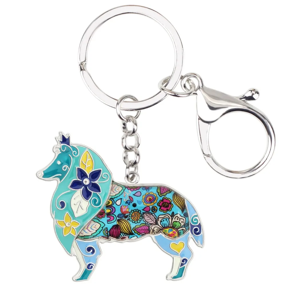 Bonsny Enamel Metal Border Rough Collie Dog Key Chain Key Ring Handbag Charm Fashion Animal Jewelry For Women Accessories