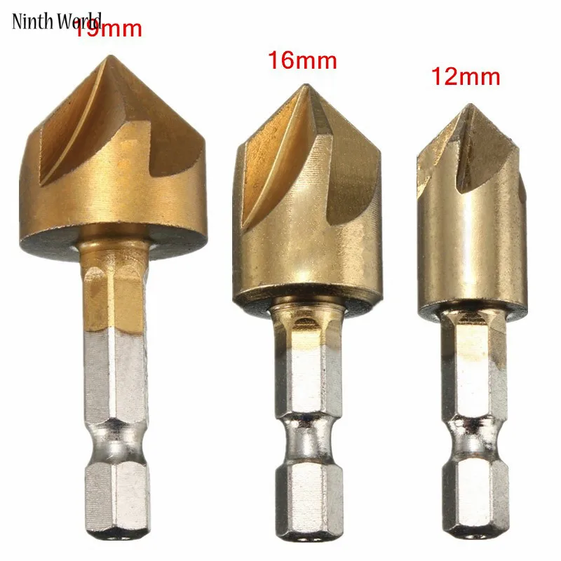 3Pcs 12/16/19Mm 5 Fluit Afschuining Countersink 1/4 "Hex Shank Hss 90 Graden Hout afkanten Cutter Afschuining Verzinkboor Boor