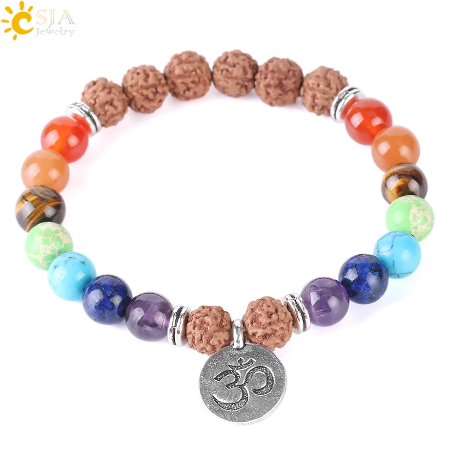 CSJA Chakra Lava Rock Vajra Bodhi Bracelet Buddhism Tibetan Prayer Beads Walnut Shaped Gothic Religion Bangle for Men Women F351