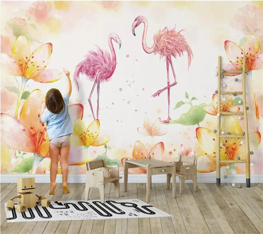 

Beibehang Customized large wallpaper 3d mural hand-painted flamingo tropical rainforest tropical plant TV background wall paper