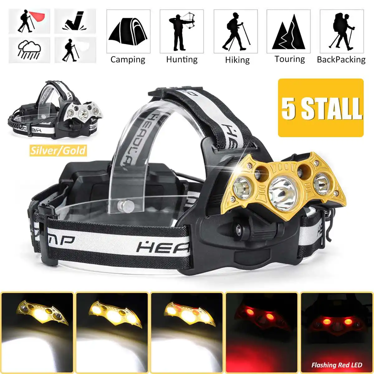 

Smuxi headlamp 5*t6 headlight 5 modes 50000lm LED head light waterproof flashlight zoomable use 18650 for hunting cycling