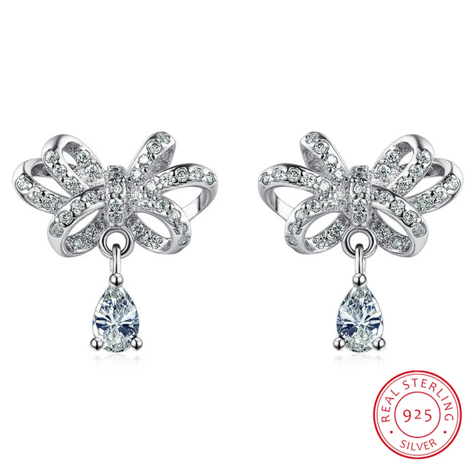 925 silver needle Jewelry Shiny Cz Zirconia Bowknot Stud Earrings Pendientes Boucles D\'oreilles S-e349