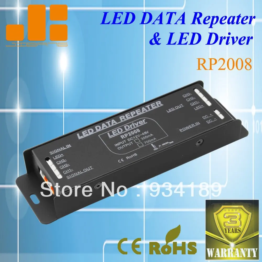 

Free Shipping LED DATA REPEATER LED DRIVER 3 Channels Amplifier DC12-48V Constant Current 350mA&700mA (Optional) Model:RP2008