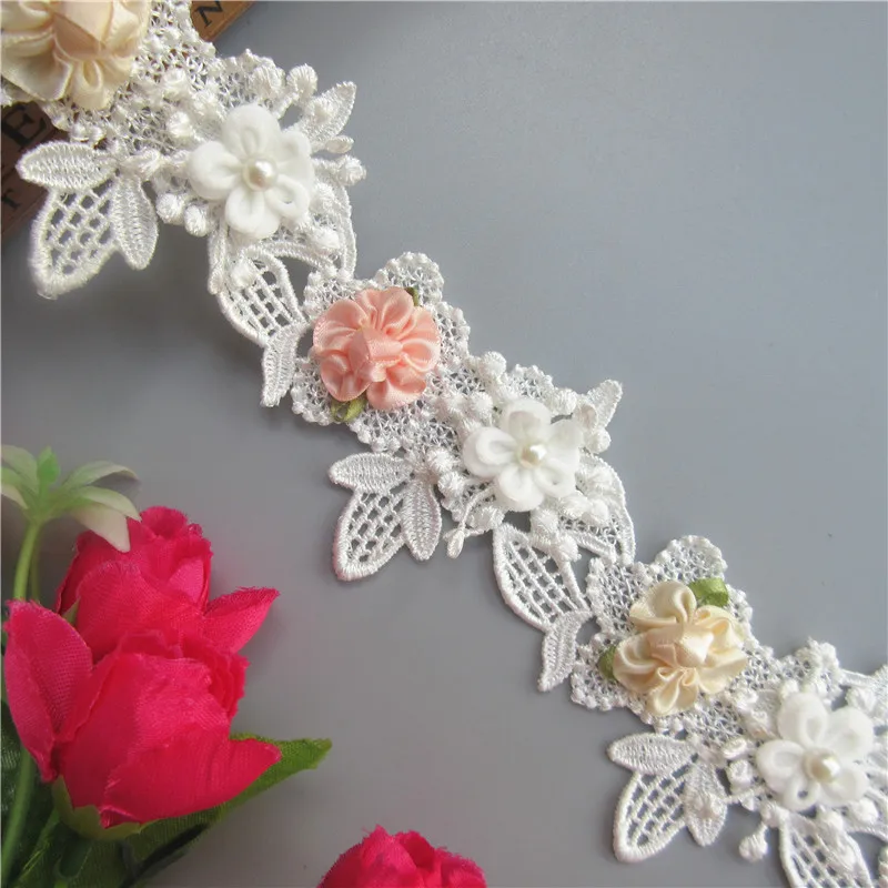 1 Yard Colorful Flowers Pearl Lace Trim Ribbon Fabric Handmade Embroidered Applique Sewing Craft For Costume Dress Decoration