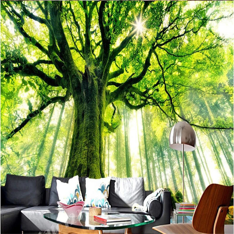 

beibehang Green Trees Forest Sunlight Tree Painting TV Background Wallpaper Wall Fresco Living Room Sofa Bedroom Custom Size