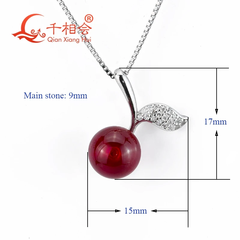 9mm fashion cherry pendant with artificial red ruby  ball shape 925 sliver chain necklace for jewelry gift