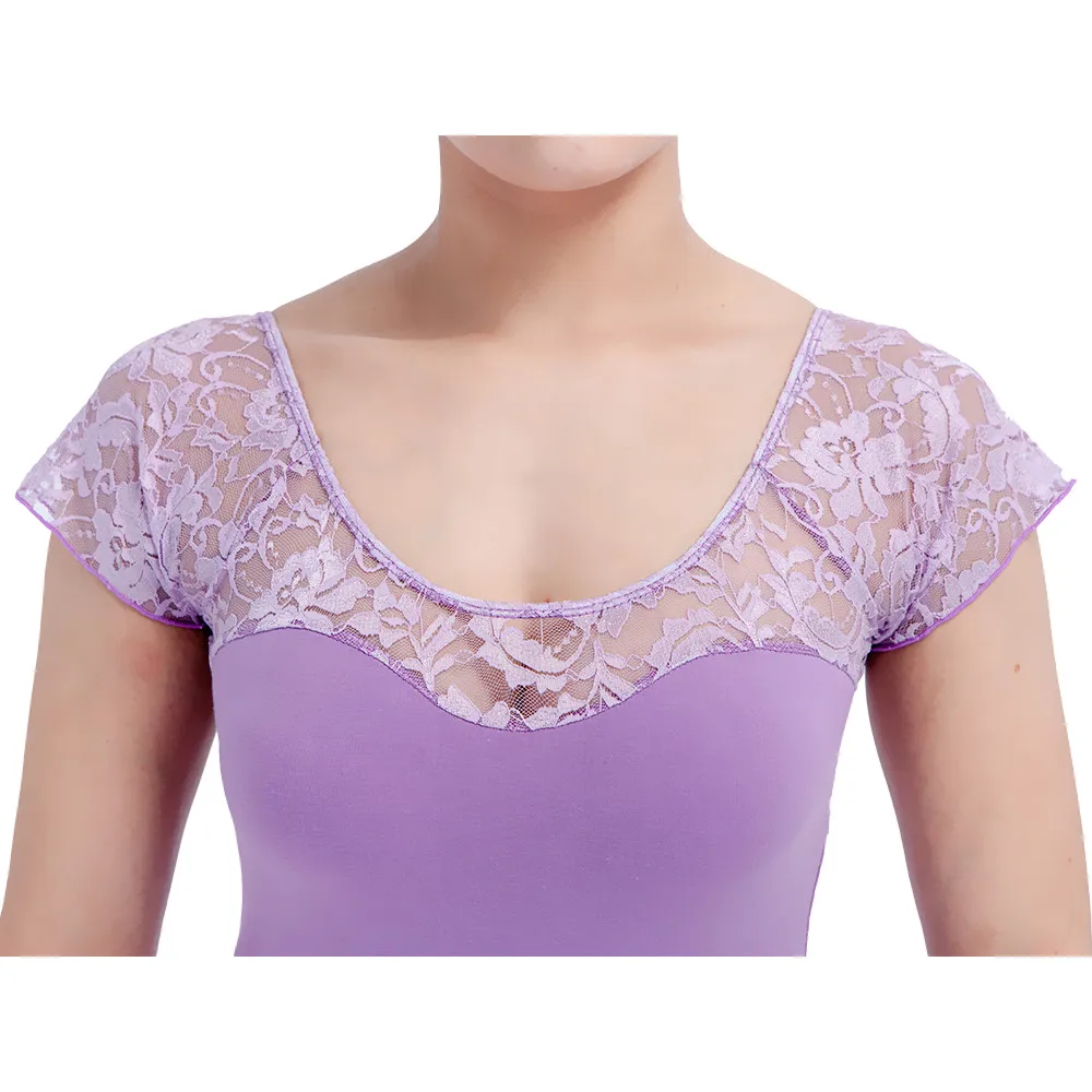 ขายส่งผ้าฝ้ายสีดำ/Lycra Lace CAP Sleeve Leotard รอบคอสีฟ้าสาวบัลเล่ต์เต้นรำชุด