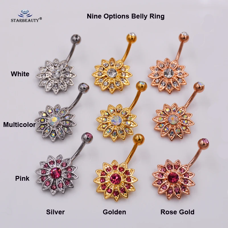 Starose Rhinestone Lotus Belly Piercing Nombril Belly Button Rings Navel Piercing Ombligo Dance 14G Navel Bar
