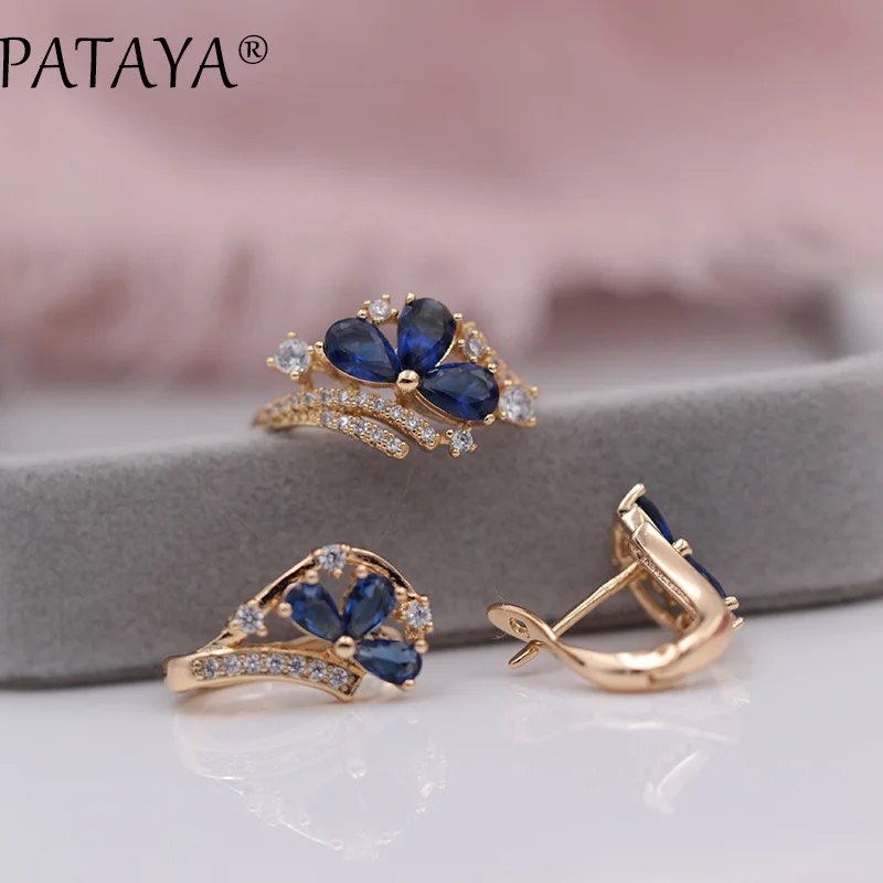 PATAYA New Fashion Women Wedding Jewelry 585 Rose Gold Color Micro-wax Inlay Green Water Drop Natural Zircon Earrings Rings Sets