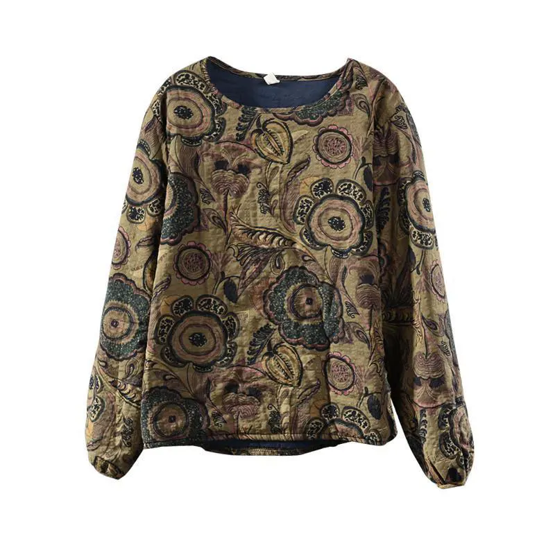 New Autumn Winter Art Style Women Coat O-neck Pullover Quilted Vintage Print Tops Female Thin Cotton Warm Basic Jackets D134