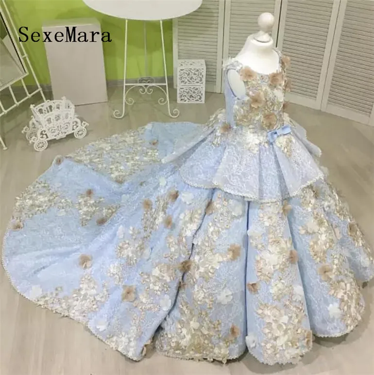 Sky Blue Flower Girl Dress for Wedding Girls Birthday Dresswith Sweep Train Pageant Party Gowns Kids First Communion Gown