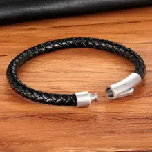 Men's Leather Bracelet Black Stainless Steel #4