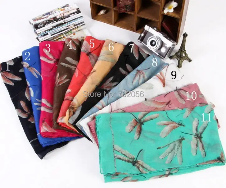 

New arrival Dragonfly Print Voile Scarf For Women Sarongs shawl wrap Long Scarves All season 10 colors 90*180cm 14pcs/lot #3806