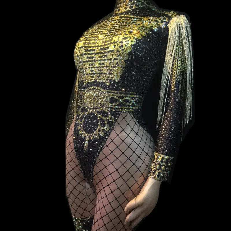 Traje de lujo para mujer, traje de baile, espectáculo de escenario, club nocturno, monos de cantante, mono brillante con cristales dorados y negros