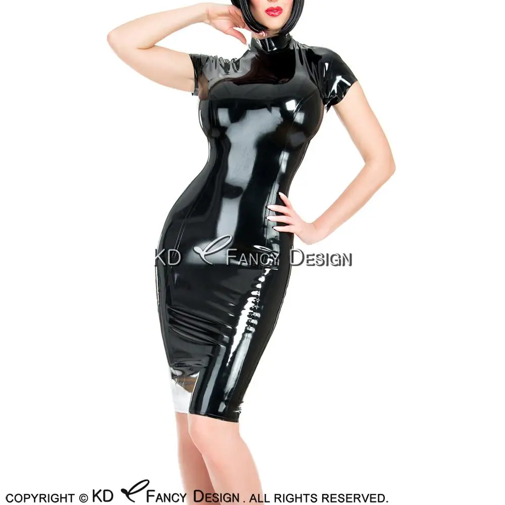 Black Sexy Latex Dress With Cap Sleeves And Back Zipper High Collar Rubber Bodycon Playsuit Plus Size LYQ-0137