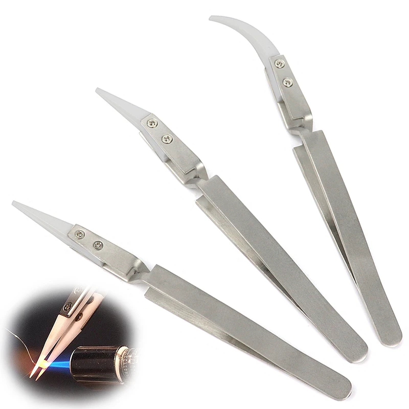 Precision Ceramic Tweezers Stainless Steel Tweezer Reverse Heat Resistant Cross Lock DIY Household Repair Hand Tools