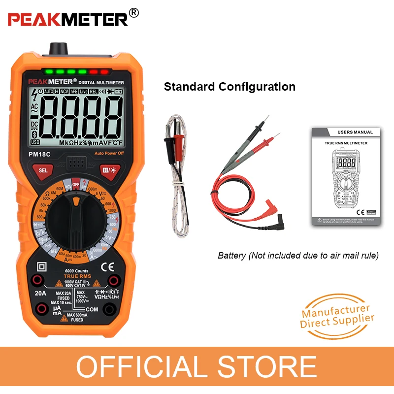 Multimetro digitale PEAKMETER PM18C True RMS AC/DC misuratore di resistenza di tensione capacità frequenza temperatura NCV Tester