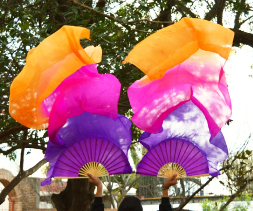 100% Silk high quality Natural Silk Chinese 1 Pair of belly dancing fans 3 colors handmade hand dyed silk veils dance fans
