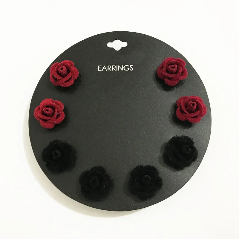 Gothletic Brand 15MM Velvet Metal Rose Stud Earrings Black/Burgundy Flower Earrings for Women Brincos Fashion Jewelry 4prs/Set