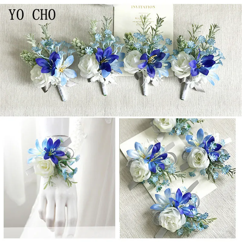 YO CHO-Accesorios de boda para hombre, cinta de rosas blancas y orquídeas azules, Corsages de matrimonio, suministros de boda para novio