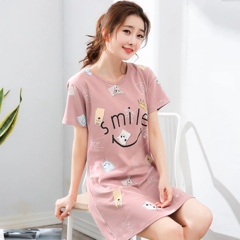 

Women Cotton Sleepdress Summer Korean Version Lady Lovely Large-size Sweet Nightgown Short-sleeved Printing Girl Sleepwear H5588