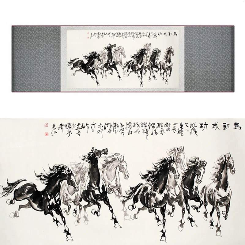 top quality Chinese Horse silk painting  Horse art painting Silk scroll art painting eight horse painting19062712