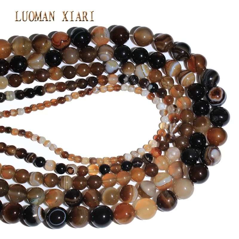 Wholesale Natural Brown Coffee Striped Agate Loose Round Stone Spacer Beads for Jewelry Making DIY Bracelet Earrings Charms
