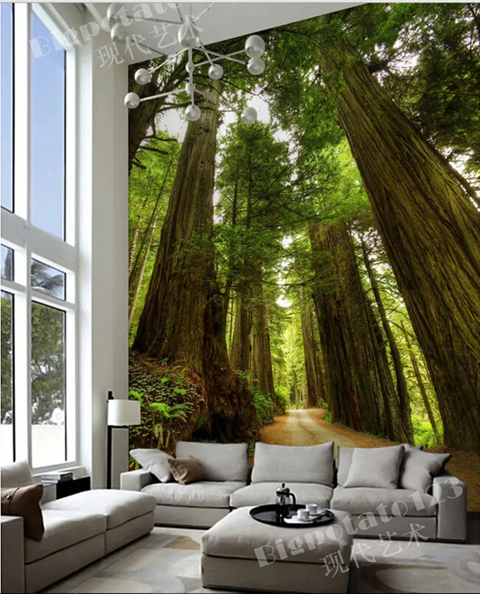 The custom 3D murals,beautiful quiet green forest towering trees ,living room sofa TV wall bedroom wall paper