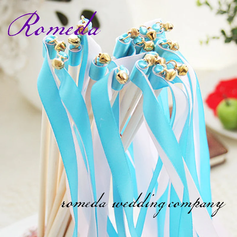 

Free Shipping Blue +White Stain Ribbon Sticks For Wedding Party