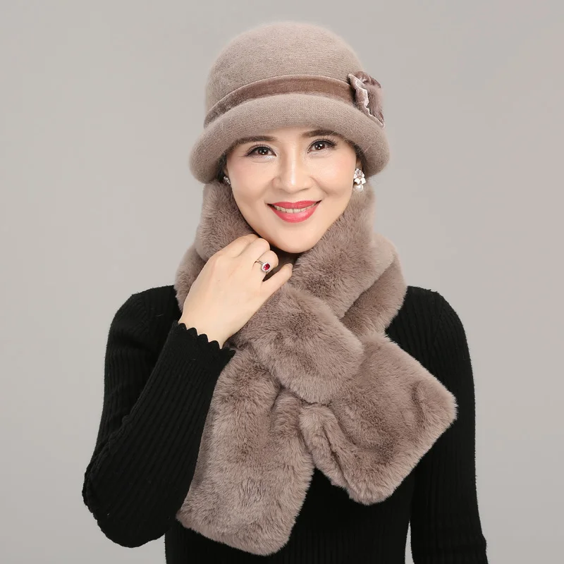 Women Winter Knitted Wool Basin Hat Female Thickened Warm Fisherman Cap Lady Velvet Elegant Scarf for Middle-aged Mother H7158