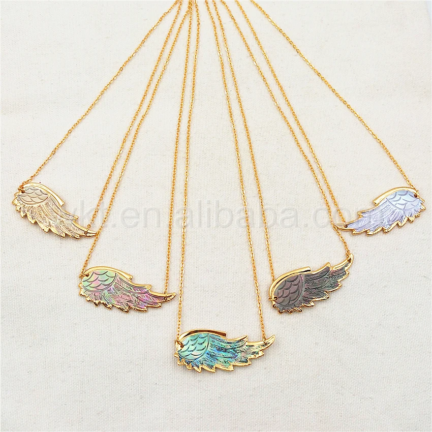 WT-N785 Wholesale Natural Paua Shell necklace 24K Gold dipped Colorful feather Shell Necklace Jewelry