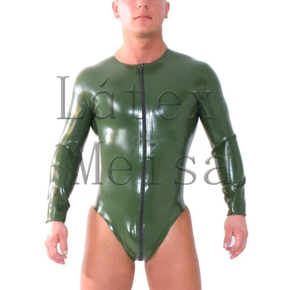 

Front zipper design men's army green latex bondage bodysuit what is made of 0.4mm thickness natural latex materials