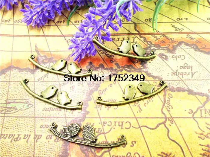 15 PCS - Love Birds,Tibetan bronze Bird Perch Branch Pendants/Charms,Pastoral style, DIY Supplies,11x44 mm