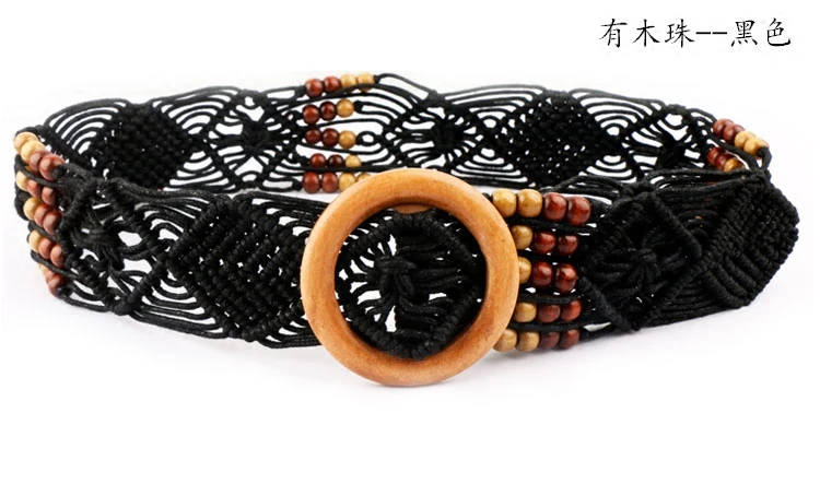 1pcs Bohemian Style Handwork Woven Waist Sealing Wax Rope And Wooden Bead Decorative High Quality Belts For Women