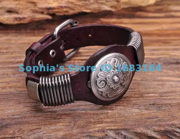 S542 Brown Biker Vintage Floral Studded Men\'s Leather Bracelet Wristband Cuff