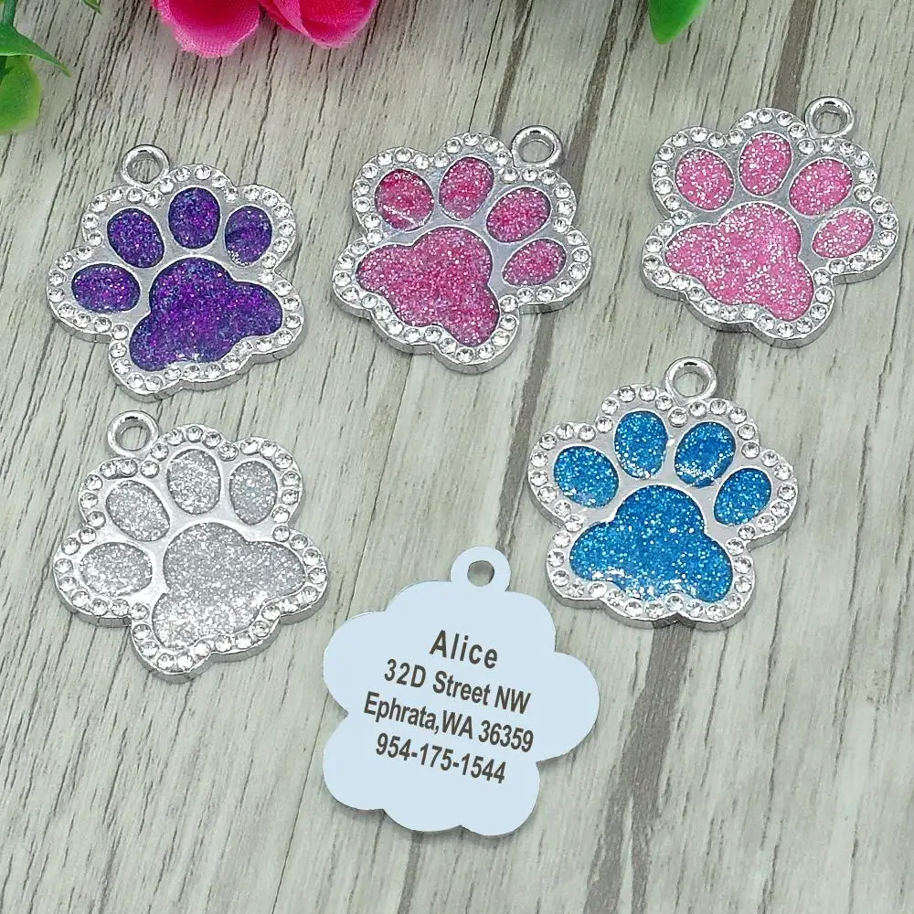 Glitter Cat ID Tag Pendant Personalized Kitten Puppy Name Tags Paw Shape Anti-lost Pet Nameplate Bling Rhinestone Free Gift Bell