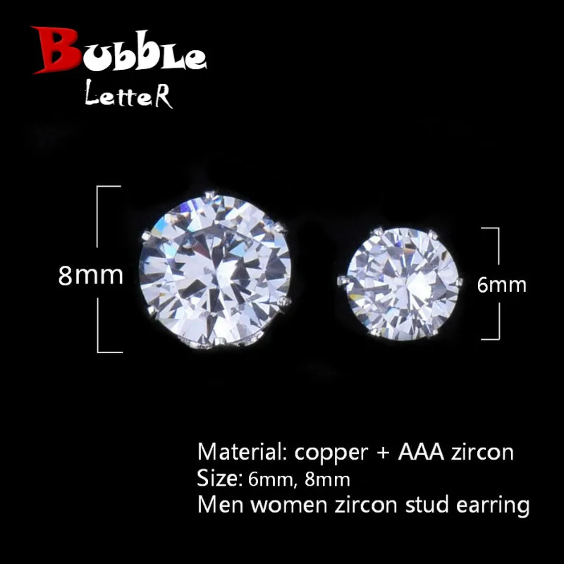 6mm/8mm AAA Zircon CZ Round Stud Earrings Hip hop Jewelry Men Copper Material Iced Bling Push-back