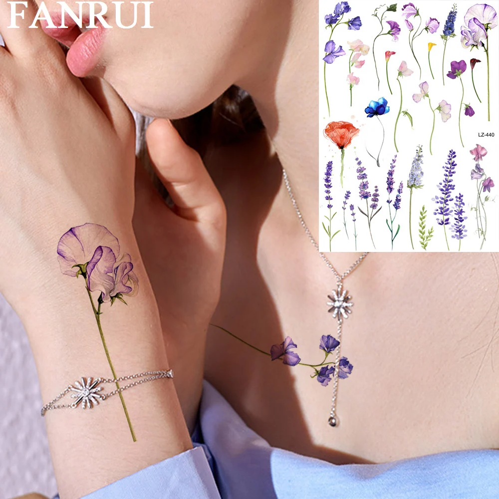 Tatuajes temporales de flores y lavanda para mujeres y niñas, tatuajes de acuarela Sexy, pegatina falsa, arte corporal, hojas de tatuaje realistas,