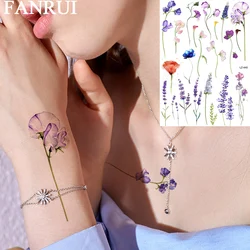 Tatuajes temporales de flores y lavanda para mujeres y niñas, tatuajes de acuarela Sexy, pegatina falsa, arte corporal, hojas de tatuaje realistas, Flora