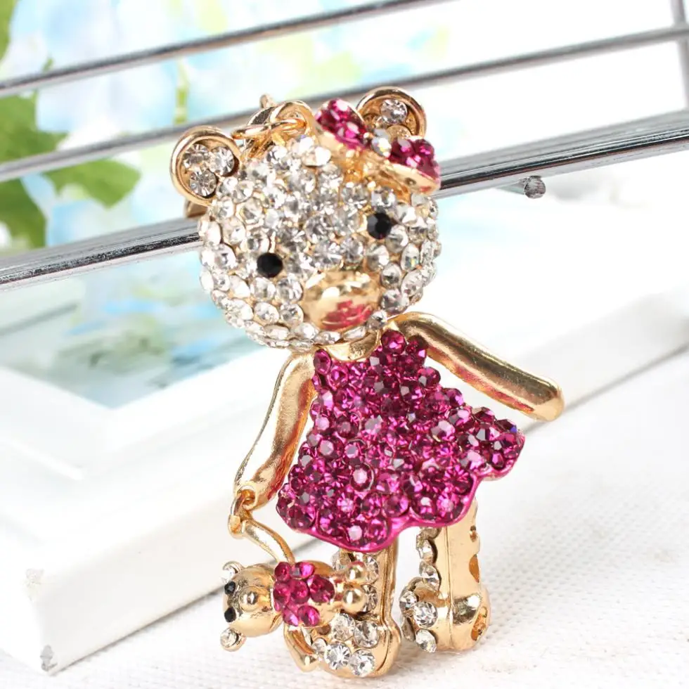 Bear Mother Hold Baby Rhinestone Crystal Charm Pendant Handbag Purse Bag Car Key Chain Birthday Gift