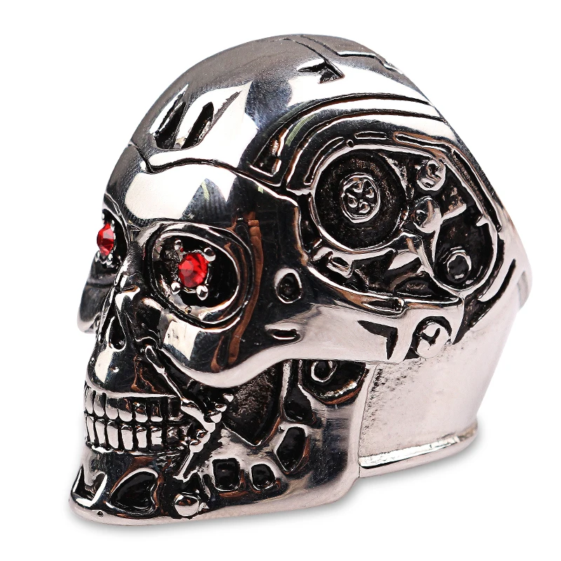 RJ Game Film Terminator Mask Skull Cool Men Rings Retro High Quality Steampunk Biker Skeleton Red Crystal Ring Jewelry