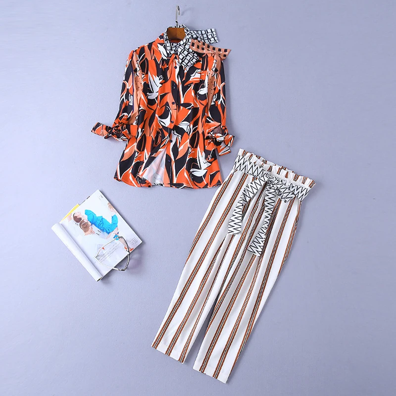 

S-3XL High quality 2019 new fashion color matching printed bow shirt striped belt pants women suit gift with the same tie