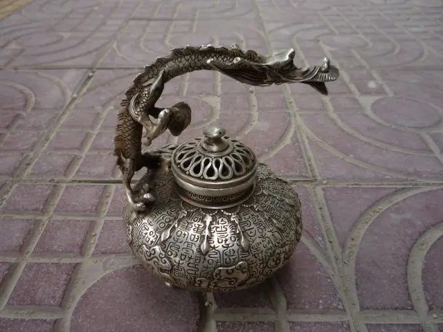 Distinctive Old Ming Dynasty silver censer/ incense stove,Carved dragon,wonderful design, Free shipping