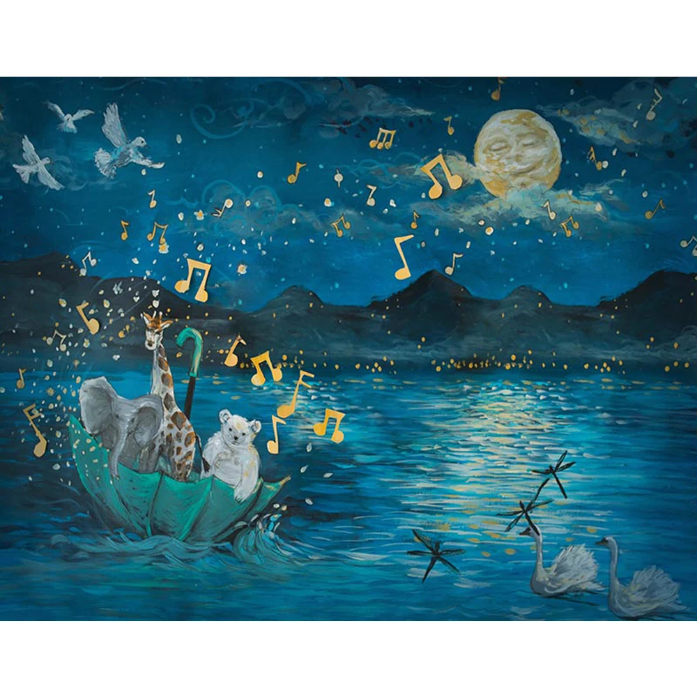 Oil Painting Blue Night Scenic Photo Background Printed Moon Music Notes Animals Children Baby Kids Newborn Photography Backdrop