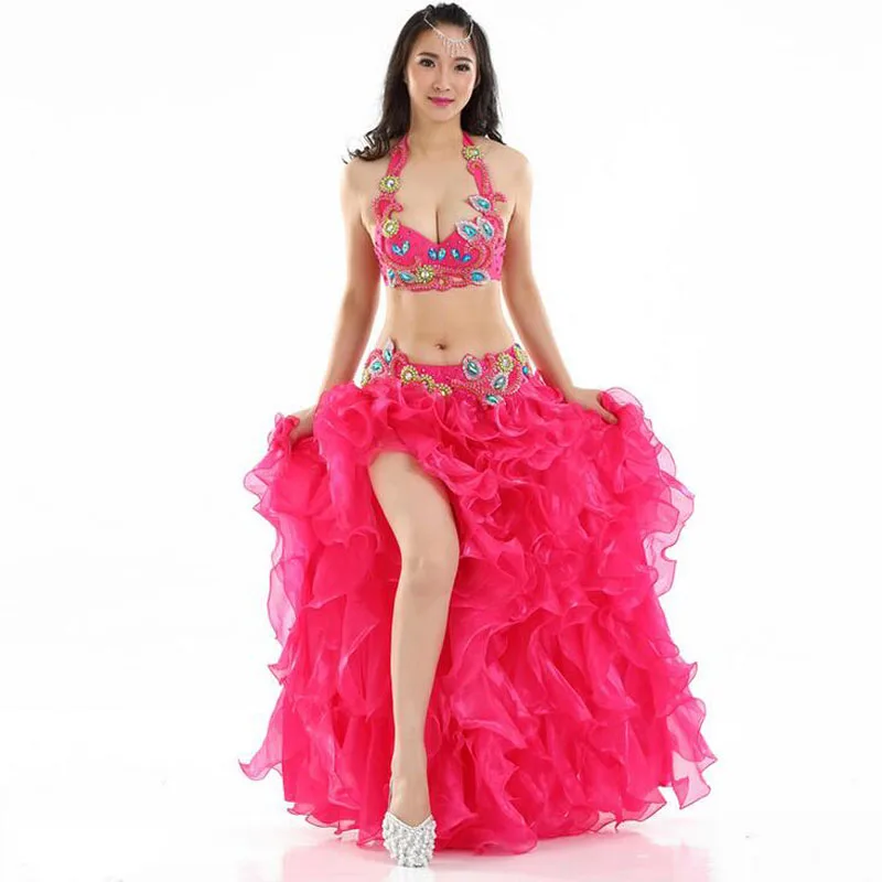 Sexy Performance Costumes Women Dancewear Professional Outfits Bra&Belt&Skirt Luxury Oriental dancing Beads Costume 5 colors