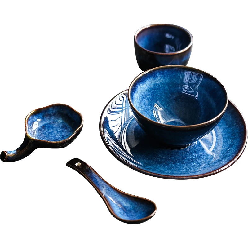 KINGLANG 5pcs /set  Cat Eye Blue Ceramic Tableware Set 1 Person Dinner Det Plate Bowl Cup Sauce Dish