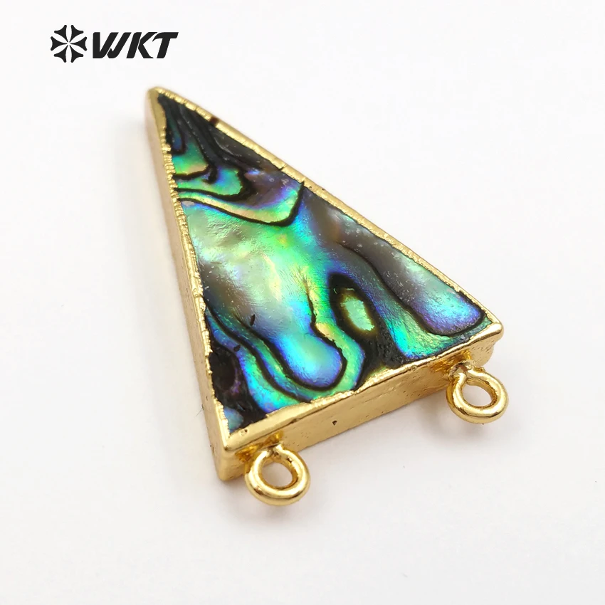 WT-P641 Wholesale Triangle Gold Pendant Natural Puawa Shell With Double Loops Charms Mixed Color For Jewelry Finding