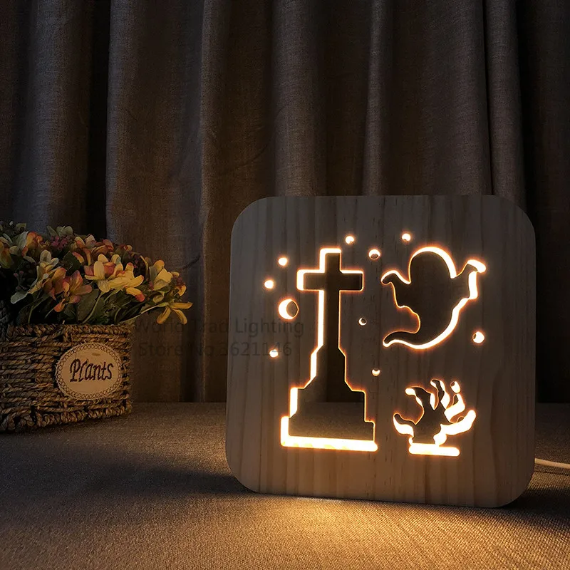 

3D LED Wood cross ghost Lamp 3D Illusion Luminaria Baby Lamp Halloween Gifts For Kids Bed Room Sleep Light Decor drop ship